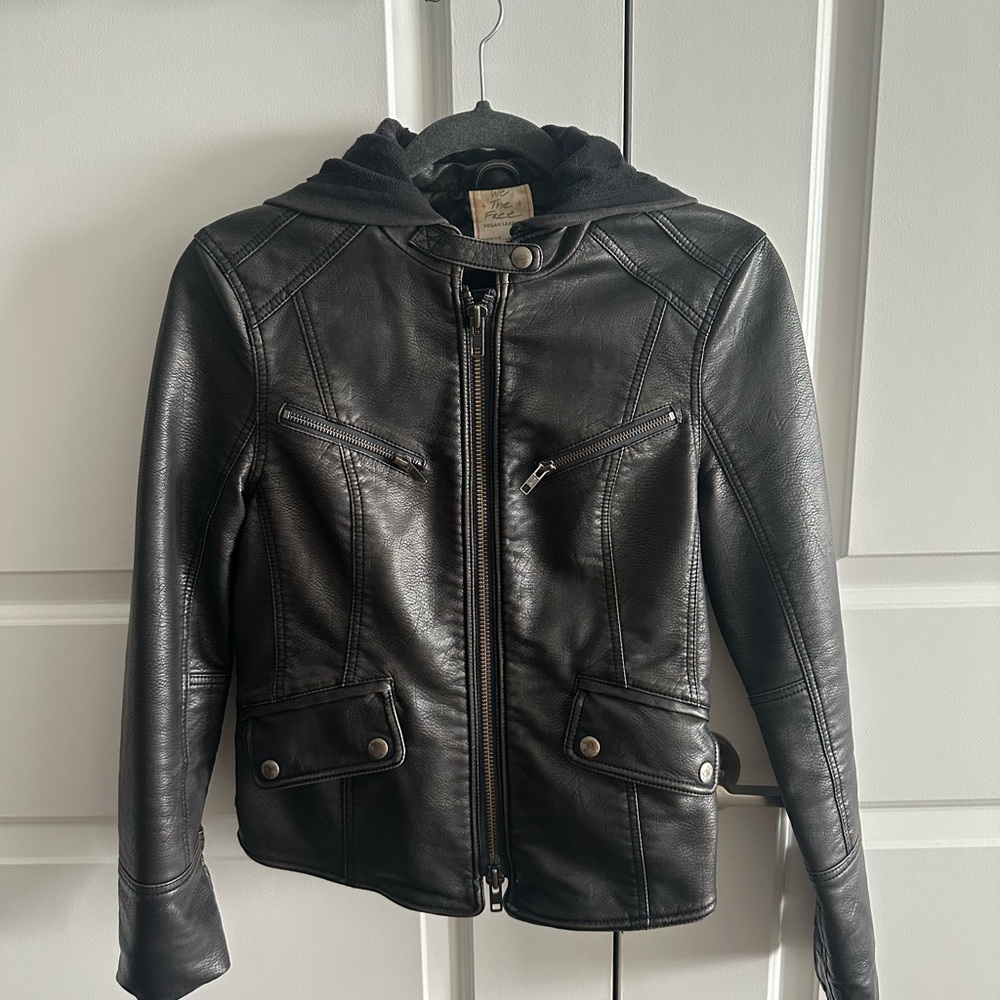 We The Free Free People Black Vegan Leather Jacket with Hood